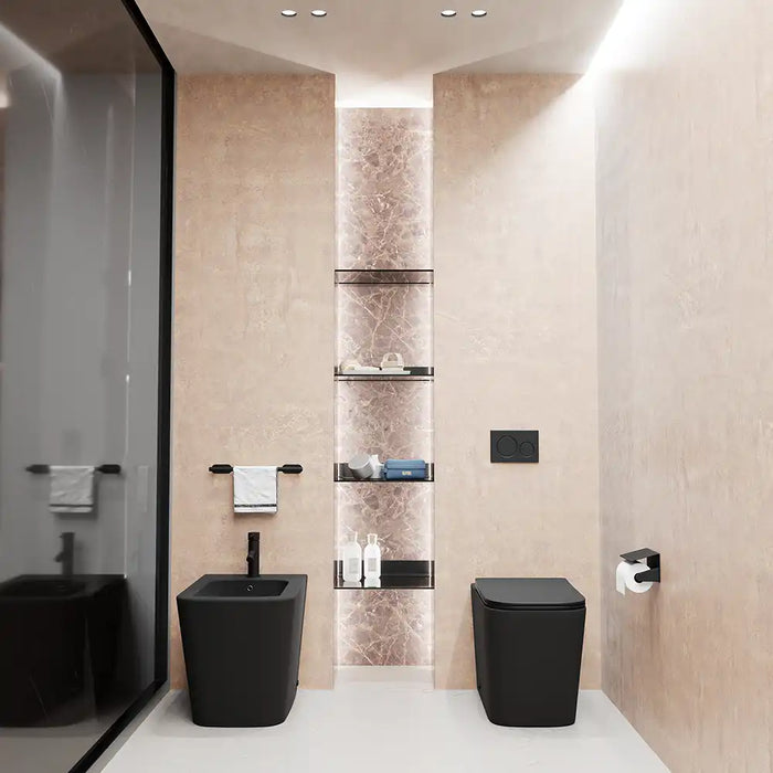 Sanitari filomuro in ceramica rimless nero opaco vaso bidet e copriwc soft-close | Londra