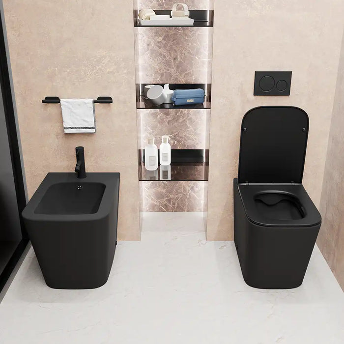 Sanitari filomuro in ceramica rimless nero opaco vaso bidet e copriwc soft-close | Londra