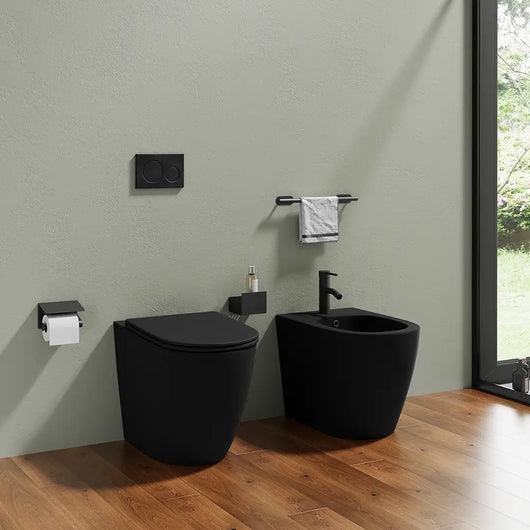 Sanitari filomuro in ceramica nero opaco vaso rimless con copriwc soft-close e bidet | Europa