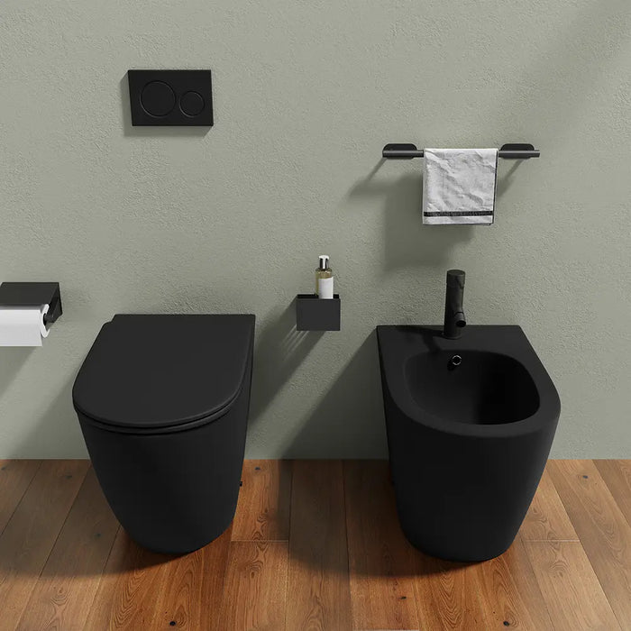 Sanitari filomuro in ceramica nero opaco vaso rimless con copriwc soft-close e bidet | Europa