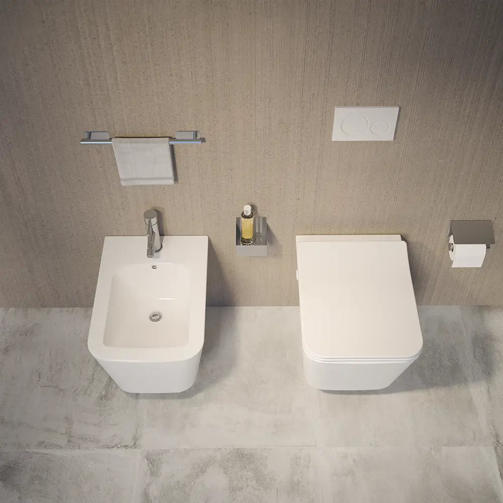 Coppia di sanitari sospesi in ceramica bianco lucido vaso rimless con copriwc soft-close e bidet | Londra