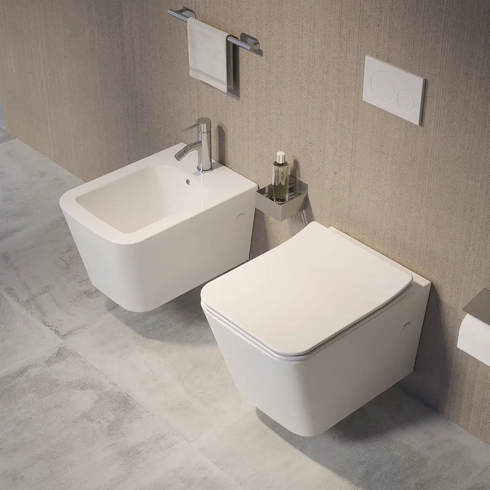 Coppia di sanitari sospesi in ceramica bianco lucido vaso rimless con copriwc soft-close e bidet | Londra