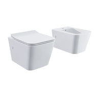 Coppia di sanitari sospesi in ceramica bianco lucido vaso rimless con copriwc soft-close e bidet | Londra