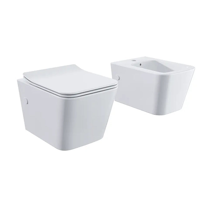 Coppia di sanitari sospesi in ceramica bianco lucido vaso rimless con copriwc soft-close e bidet | Londra