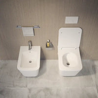 Coppia di sanitari sospesi in ceramica bianco lucido vaso rimless con copriwc soft-close e bidet | Londra