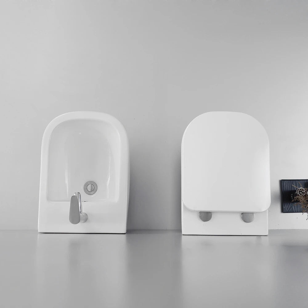 Coppia di sanitari sospesi in ceramica wc rimless + bidet bianco lucido e copri-wc soft-close | Lisbona