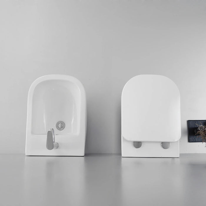 Coppia di sanitari sospesi in ceramica wc rimless + bidet bianco lucido e copri-wc soft-close | Lisbona