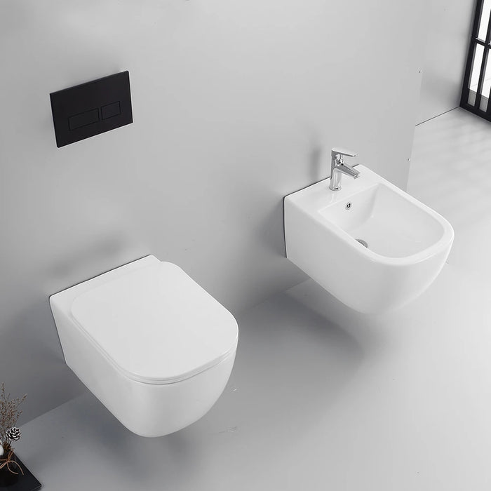 Coppia di sanitari sospesi in ceramica wc rimless + bidet bianco lucido e copri-wc soft-close | Lisbona