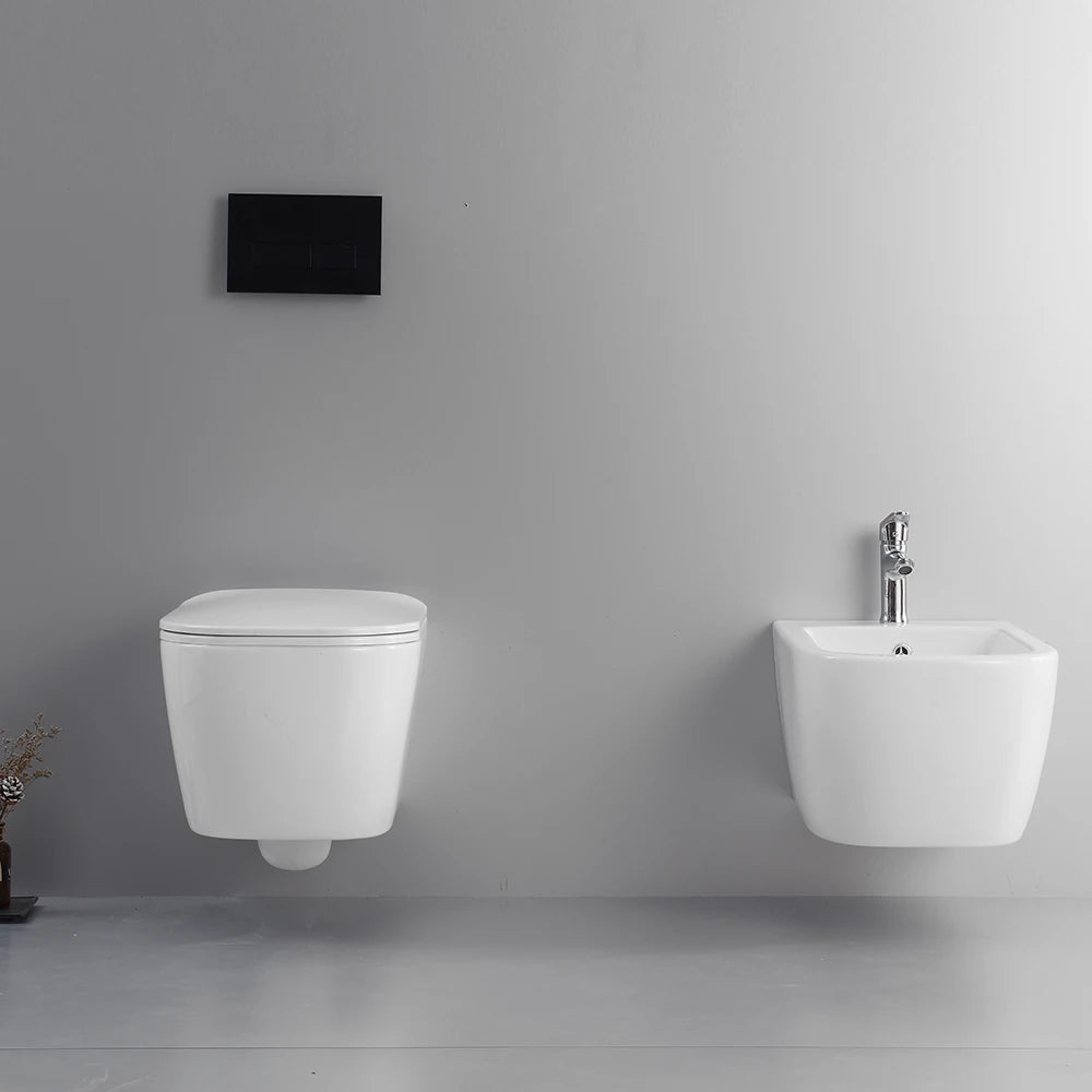 Coppia di sanitari sospesi in ceramica wc rimless + bidet bianco lucido e copri-wc soft-close | Lisbona