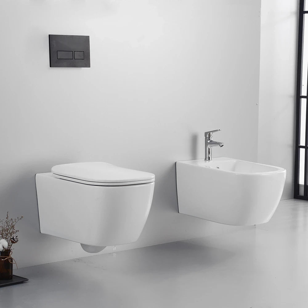 Coppia di sanitari sospesi in ceramica wc rimless + bidet bianco lucido e copri-wc soft-close | Lisbona