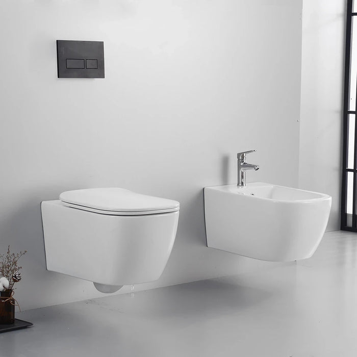 Coppia di sanitari sospesi in ceramica wc rimless + bidet bianco lucido e copri-wc soft-close | Lisbona