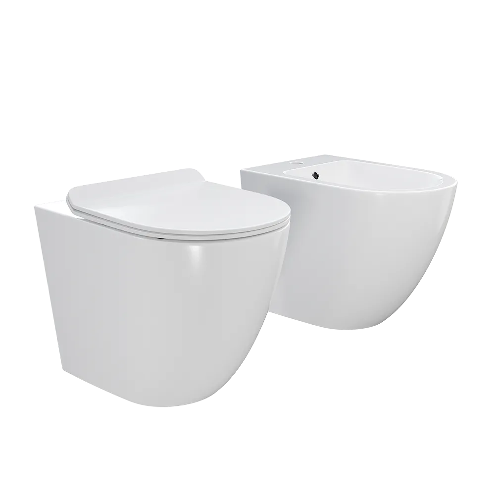 Sanitari filomuro in ceramica bianco lucido vaso tornado silent flush sedile soft-close e bidet | Sydney