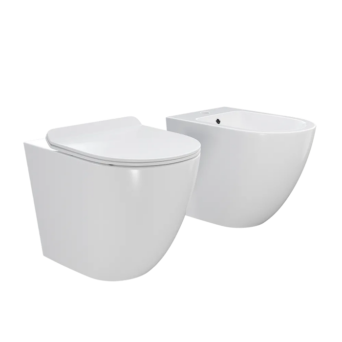 Sanitari filomuro in ceramica bianco lucido vaso tornado silent flush sedile soft-close e bidet | Sydney