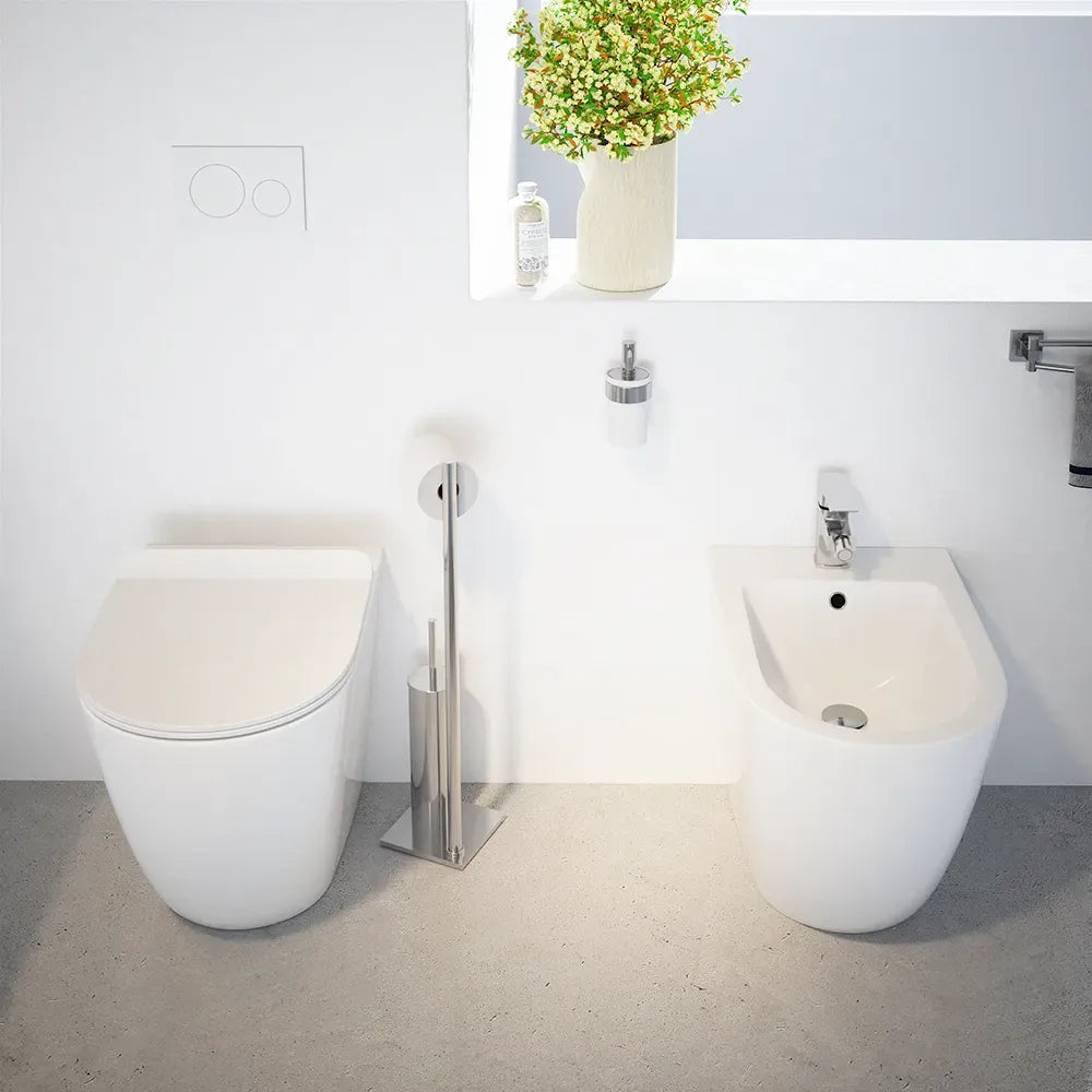 Sanitari filomuro in ceramica bianco lucido vaso tornado silent flush sedile soft-close e bidet | Sydney