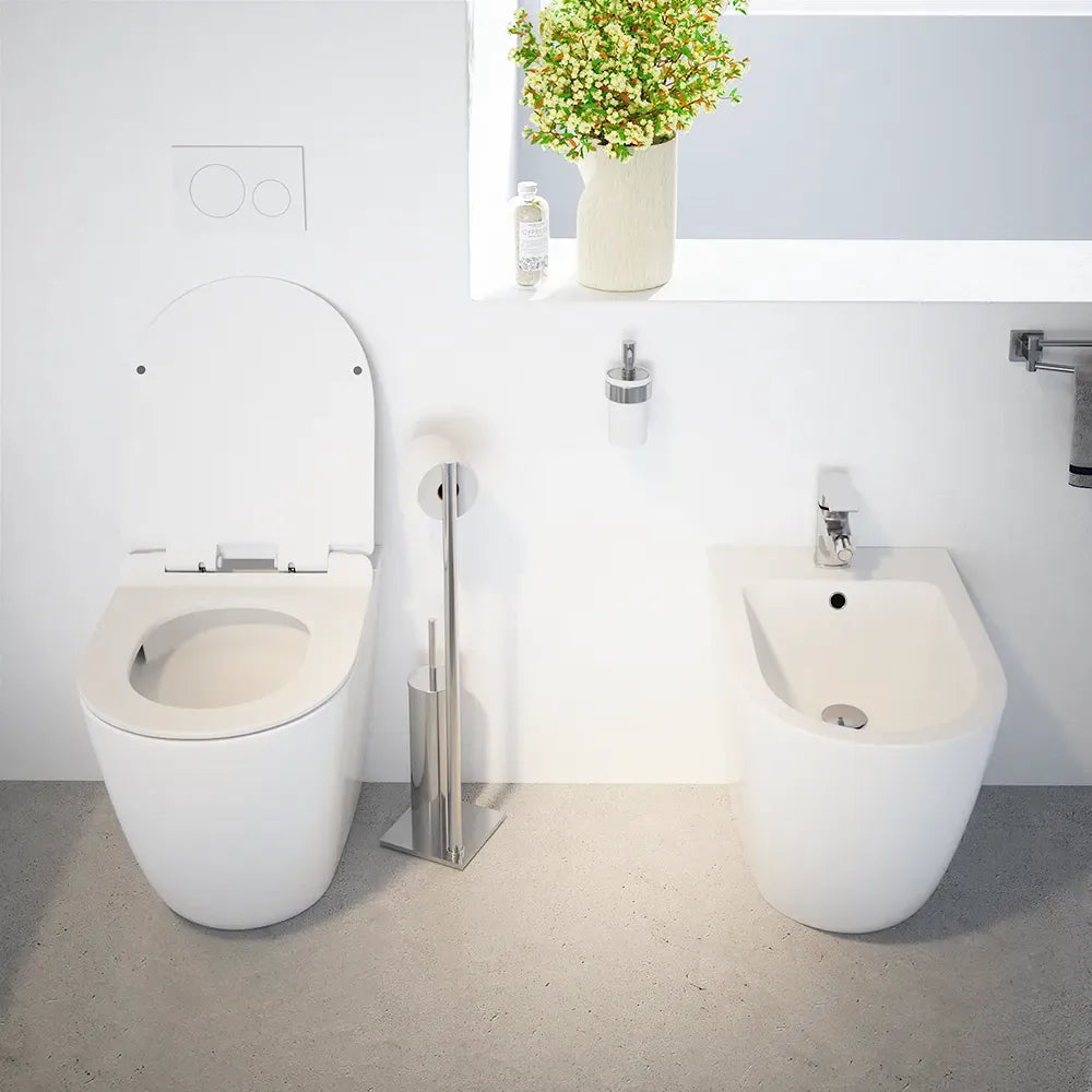 Sanitari filomuro in ceramica bianco lucido vaso tornado silent flush sedile soft-close e bidet | Sydney