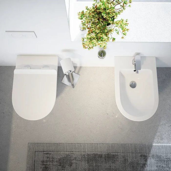 Sanitari filomuro in ceramica bianco lucido vaso tornado silent flush sedile soft-close e bidet | Sydney