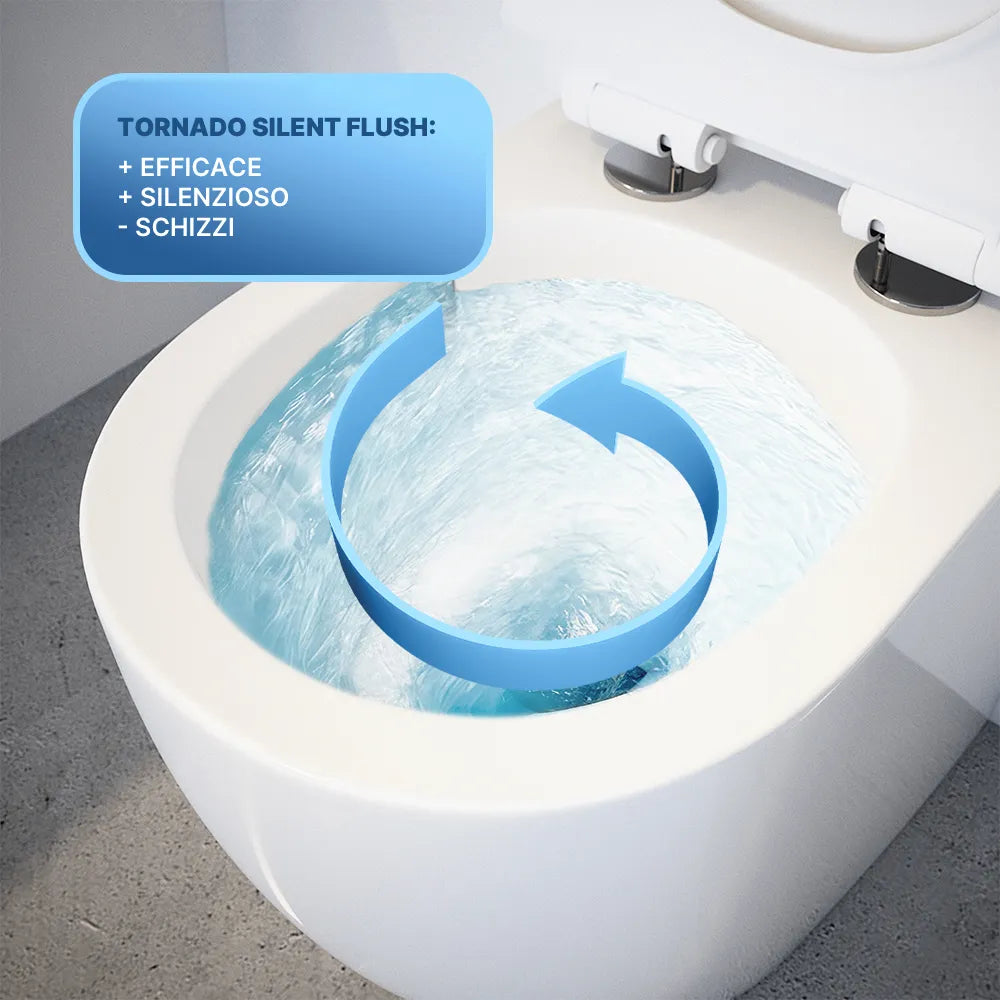 Sanitari filomuro in ceramica bianco lucido vaso tornado silent flush sedile soft-close e bidet | Sydney