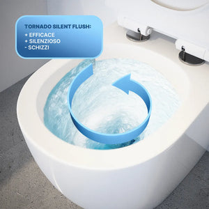 Sanitari filomuro in ceramica bianco lucido vaso tornado silent flush sedile soft-close e bidet | Sydney
