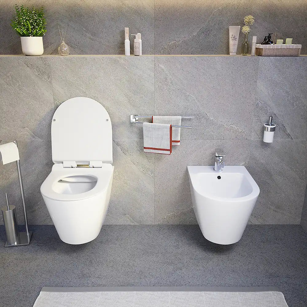 Sanitari sospesi in ceramica bianco lucido vaso rimless sedile soft-close e bidet | Barcellona