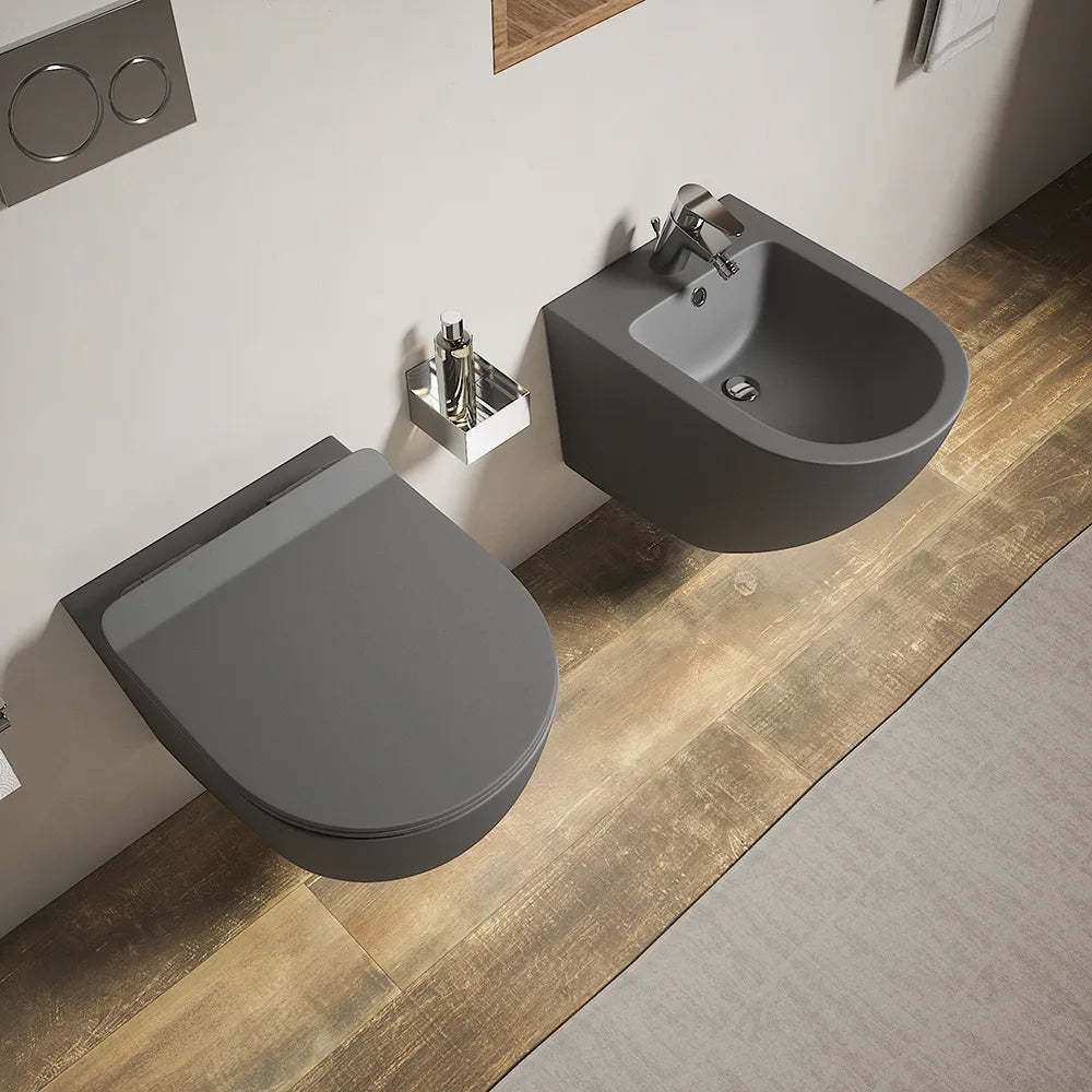 Sanitari sospesi in ceramica grigio opaco rimless sedile con chiusura rallentata | Parigi