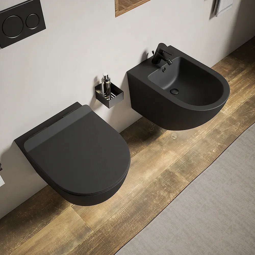 Sanitari sospesi in ceramica nero opaco rimless sedile con chiusura rallentata | Parigi
