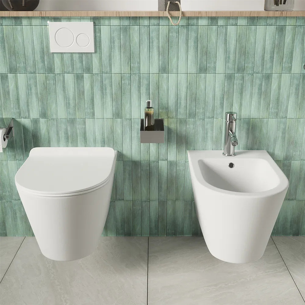 Sanitari sospesi in ceramica bianco lucido vaso rimless sedile soft-close e bidet | Rio