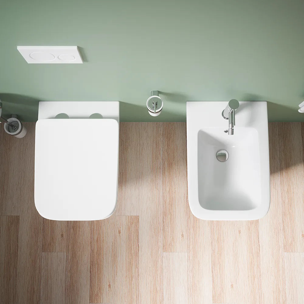 Sanitari sospesi in ceramica bianco lucido vaso rimless sedile soft-close e bidet | Kyoto
