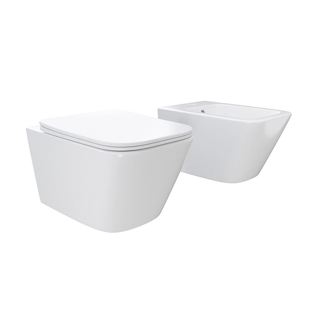 Coppia sanitari in ceramica sospesi vaso rimless, bidet e copri-wc bianco opaco | Kyoto