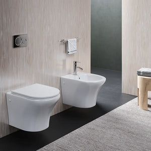 Sanitari sospesi rimless in ceramica bianco lucido: vaso bidet e copriwc soft-close | Nassau