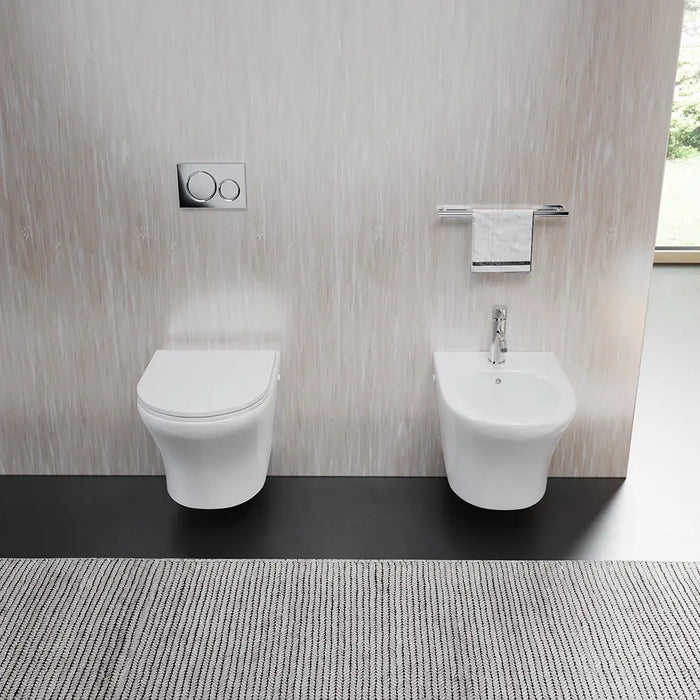 Sanitari sospesi rimless in ceramica bianco lucido: vaso bidet e copriwc soft-close | Nassau