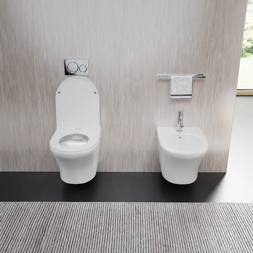 Sanitari sospesi rimless in ceramica bianco lucido: vaso bidet e copriwc soft-close | Nassau