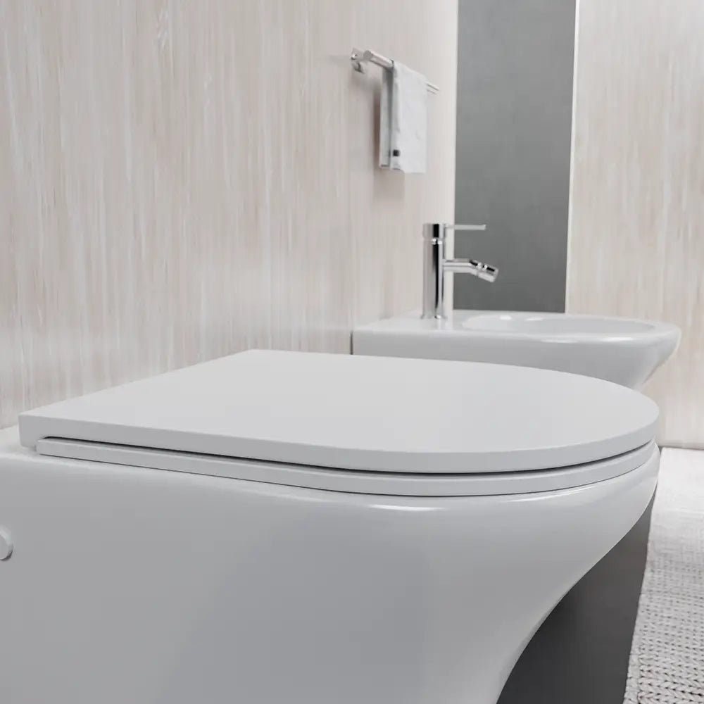 Sanitari sospesi rimless in ceramica bianco lucido: vaso bidet e copriwc soft-close | Nassau