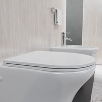 Sanitari sospesi rimless in ceramica bianco lucido: vaso bidet e copriwc soft-close | Nassau