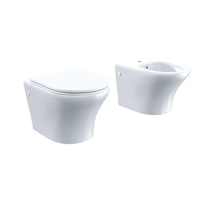 Sanitari sospesi rimless in ceramica bianco lucido: vaso bidet e copriwc soft-close | Nassau