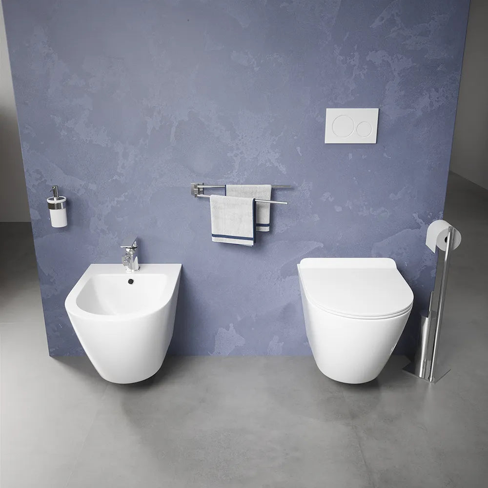 Sanitari sospesi in ceramica bianco lucido vaso tornado silent flush sedile soft-close e bidet | Parigi