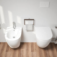 Coppia di sanitari sospesi in ceramica bianco opaco vaso rimless con copriwc soft-close e bidet | Europa Small
