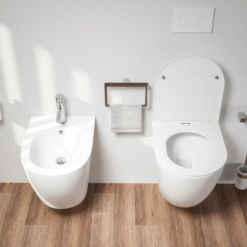 Coppia di sanitari sospesi in ceramica bianco opaco vaso rimless con copriwc soft-close e bidet | Europa Small