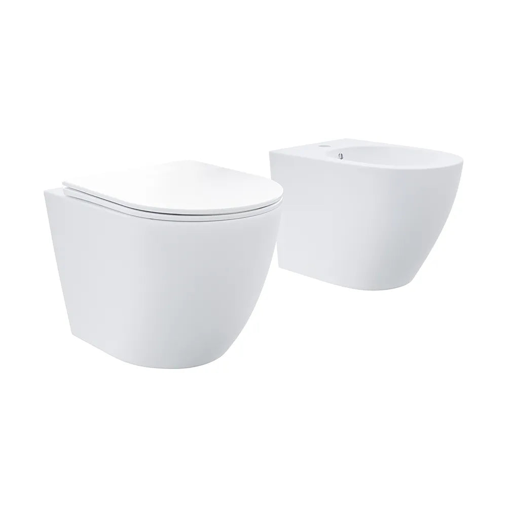 Coppia di sanitari sospesi in ceramica bianco opaco vaso rimless con copriwc soft-close e bidet | Europa Small