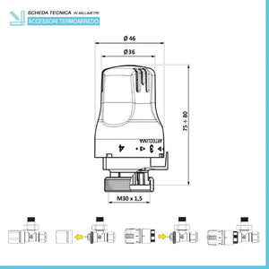 Coppia valvola e detentore bianco con testa termostatica e raccordi multistrato 16x2