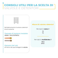 Coppia valvola e detentore bianco con testa termostatica e raccordi multistrato 16x2