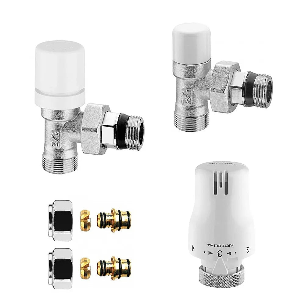 Coppia valvola e detentore bianco con testa termostatica e raccordi multistrato 20x2