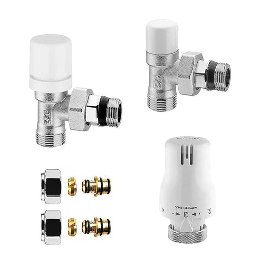 Coppia valvola e detentore bianco con testa termostatica e raccordi multistrato 20x2