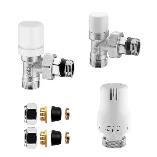 Coppia valvola e detentore bianco con testa termostatica e raccordo rame 12
