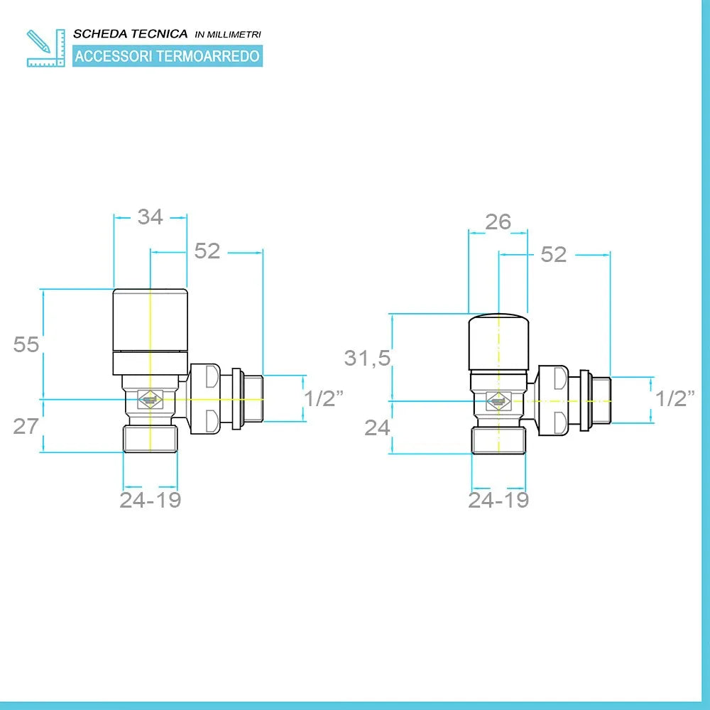 Coppia valvola e detentore bianco con testa termostatica e raccordo rame 14