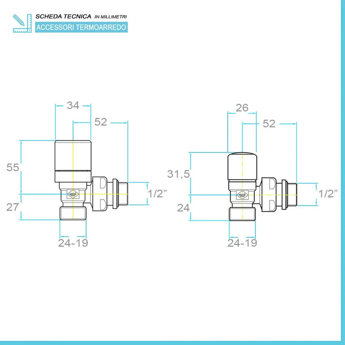 Coppia valvola e detentore bianco con testa termostatica e raccordo rame 14