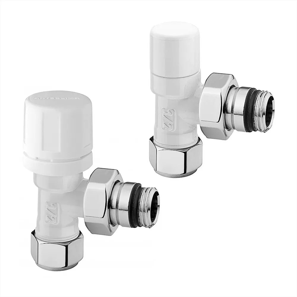 Coppia valvola termostatica e detentore bianco con raccordo rame 14 mm