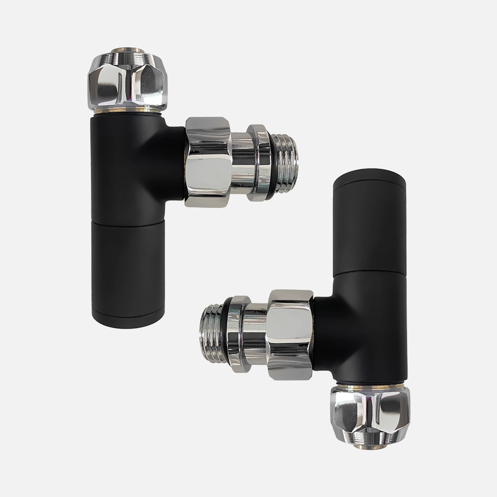 Coppia valvole a squadra per termoarredo con detentore e raccordi per multistrato 16x2 nero opaco