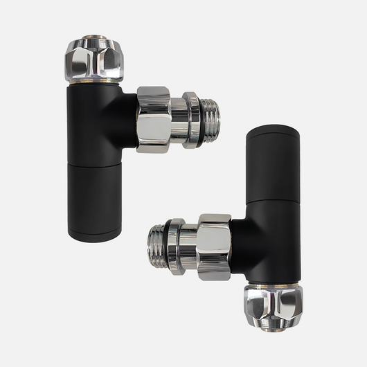 Coppia valvole a squadra per termoarredo con detentore e raccordi per multistrato 16x2 nero opaco