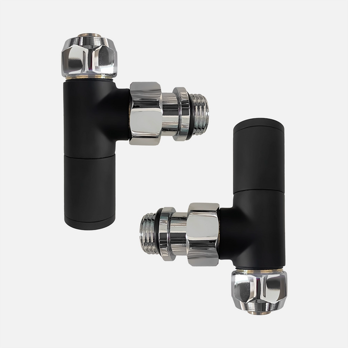 Coppia valvole a squadra per termoarredo con detentore e raccordi per multistrato 16x2 nero opaco