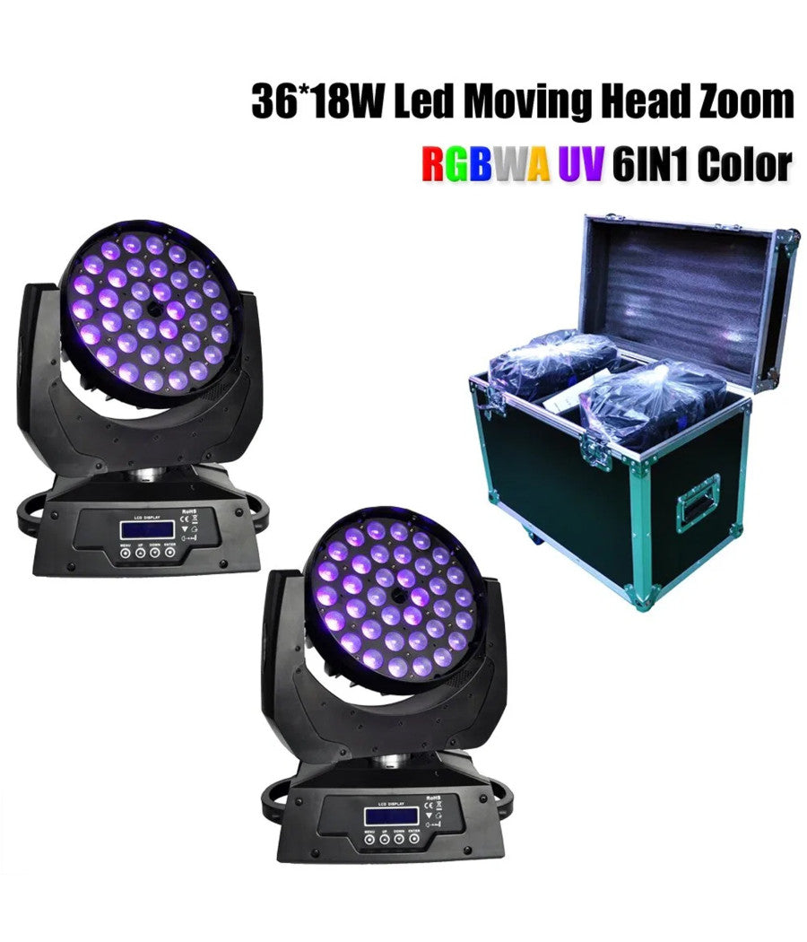 Coppia Wash Moving Head Zoom Led 36x18 Rgbwa Uv 6in1 Teste Mobili Con Flightcase         